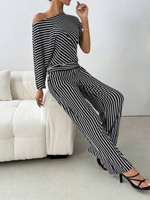 Chiquease 2 cái/bộ Quần sọc bất đối xứng và quần lưng cao co giãn có túi thẳng - Nhiều màu - Xem 5