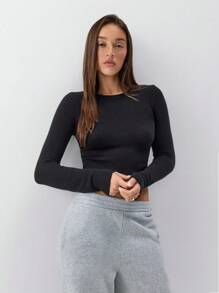 SHEIN Unity 1 pieza Suéter de punto casual de cuello redondo, manga corta y ajustado para mujer, color negro, para otoño/invierno, jersey de punto de otoño - Negro - Ver 3