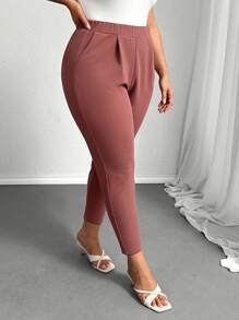 SHEIN Privé Plus Size Quần công sở kẻ sọc trang nhã có túi, vải co giãn - màu nâu - Xem 3