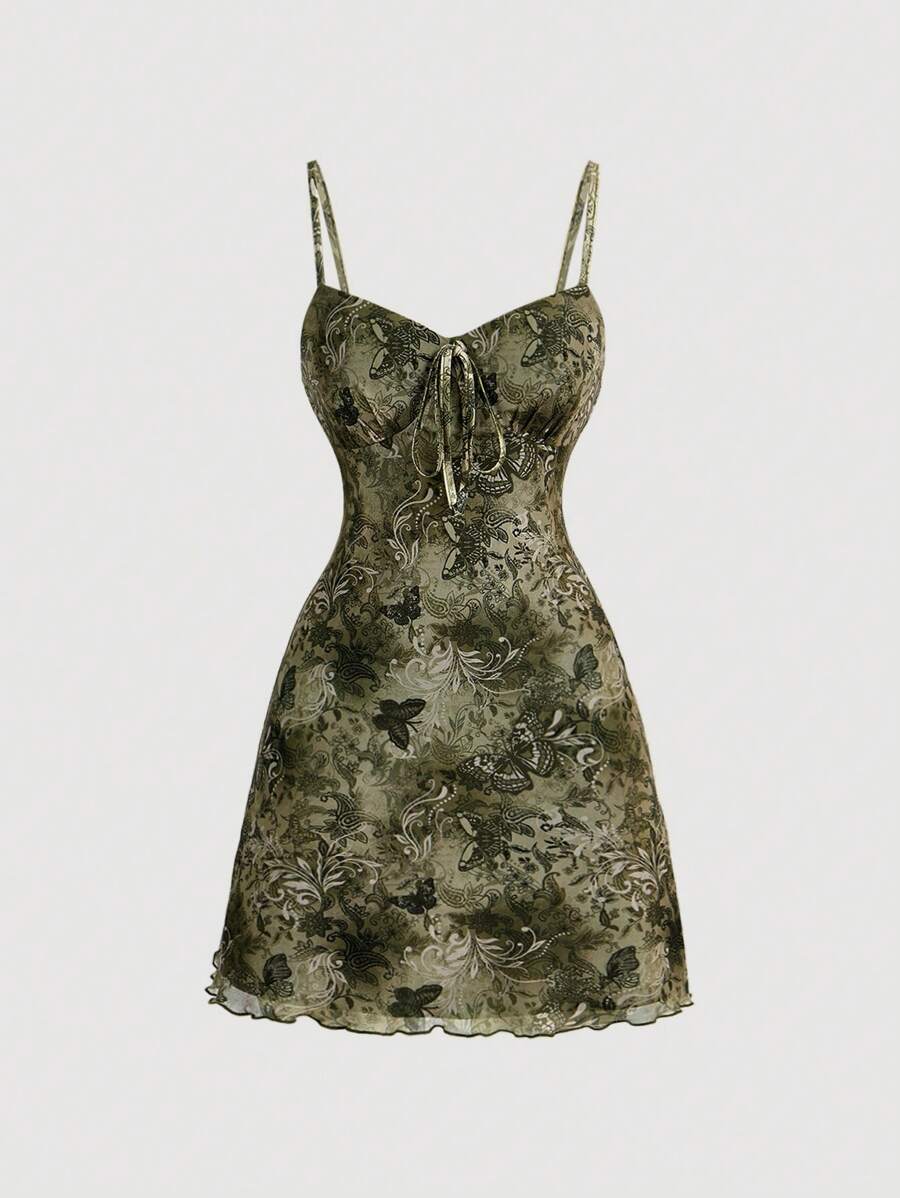 SHEIN MOD 绿色佩斯利印花前系带弹力复古女式吊带裙、女巫裙、吸血鬼裙、秋季女装连衣裙、女装、女牛仔女装、嬉皮士服装