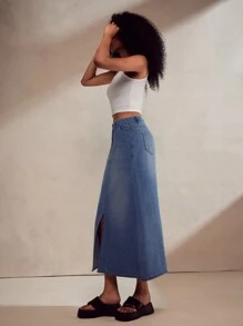 TrendSteals New Autumn/Winter Vintage Washed Denim A-Line Skirt With Front & Back Slit - Blue - View 6