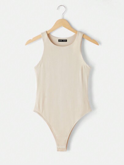 SHEIN BASICS Juego de 3 piezas de bodys de punto de color liso, cuello redondo, sin mangas, ceñido para mujer, casual