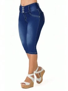 High Waist Butt Lifting Stretch Capri Jeans For Women - 3 Button Skinny Fit Push Up Denim Pants Summer Casual Sculpting Look - 深色水洗藍 - 查看 1