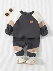 Cozy Pixies 2pcs/Set Baby Boy Contrast Color Round Neck Raglan Sleeve Pullover Sweatshirt And Elastic Waist Pants Outfit