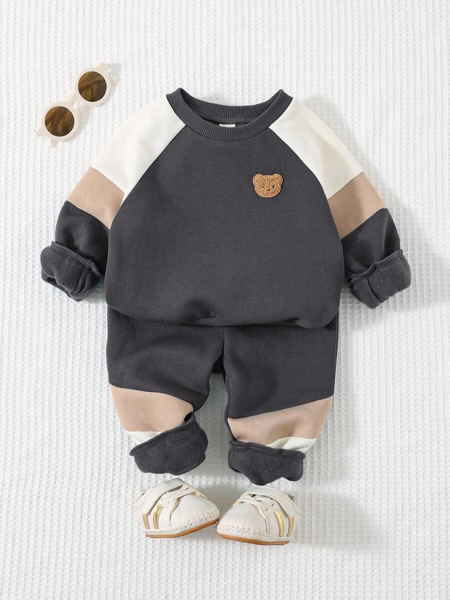 Cozy Pixies 2pcs/Set Baby Boy Contrast Color Round Neck Raglan Sleeve Pullover Sweatshirt And Elastic Waist Pants Outfit