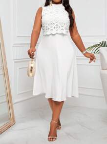 SHEIN Lady Plus Size Floral Hollow Out A-Line Elegant Mid-Length Dress