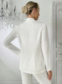 Chiquease Women's Elegant Solid Color Contrast Lace Peplum Waist Tie Blazer Jacket, Autumn Fall Cloth For Women - White - View 2