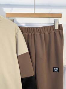 SHEIN 2pcs/Set Teen Boys Casual Patchwork Contrast Color Crew Neck Sweatshirt And Brown Drawstring Pants Set, Suitable For Autumn, Winter, School, Home, Daily, Sports, Birthday Party, Outing, All-Match Versatile Thermal Lined - Multicolor - View 4