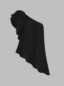 Firerie 女式不对称领口宽松花卉上衣，下摆不对称 - 黑色 - 查看 2