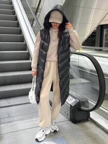 SHEIN Cottnline Damski jednolity kolor, kieszenie, bezrękawnik, kaptur, długi, swobodny płaszcz na zimę - Czarne - Zobacz 3