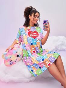 SHEIN X Care Bears Camisón de manga corta con estampado de corazón y osito, con efecto superpuesto, de estilo Y2K, tallas grandes y colorido - Multicolor - Ver 6