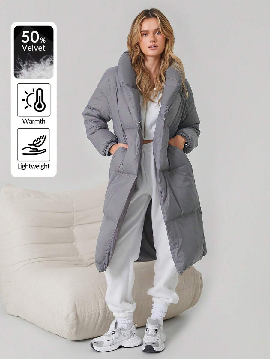 SHEIN EZwear Women's Long Sleeve Simple Solid Deep Gray Quilted Feathers& Down Jacket