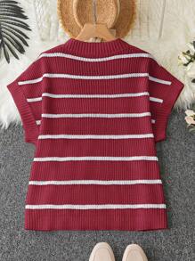 Calvaya Áo len dệt kim sọc cánh dơi cổ tròn cỡ lớn mùa hè, mặc thường ngày - Màu Đỏ Sâu - Xem 2