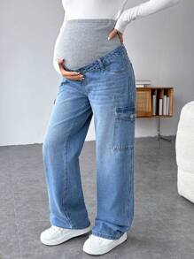 SHEIN 孕妇休闲宽松直筒工装牛仔裤 - 彩色 - 查看 6