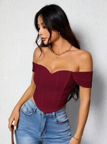 SHEIN PETITE 女款純色露肩百褶極簡上衣，休閒日常穿著，適合嬌小女性 - 酒紅色 - 查看 8