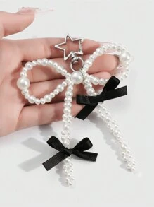 ROMWE Kawaii 1pc Minimalist Multi-Purpose Handmade Faux Pearl & Ribbon Bow Star Keychain/Bag Charm, Suitable For Women & Girls, Daily Wear Or Gift Valentines