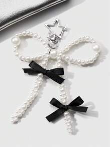 ROMWE Kawaii 1pc Minimalist Multi-Purpose Handmade Faux Pearl & Ribbon Bow Star Keychain/Bag Charm, Suitable For Women & Girls, Daily Wear Or Gift Valentines