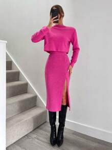 SHEIN X Belinda SHEIN Essnce 2pcs Women's Solid Color Round Neck Long Sleeve Top And Side Slit Hem Skirt Casual Outfit Set, Spring/Fall - Hot Pink - View 3