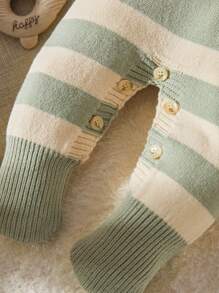 Bộ đồ liền quần len kẻ sọc cho bé trai, cổ tròn, tay dài, có chân, ấm áp và thoải mái cho mùa thu/đông, có sẵn màu mơ, xanh lam, xanh navy, xanh lá cây nhạt - Nhiều màu - Xem 4