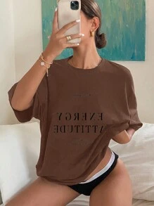 DAZY Áo thun nữ tay ngắn dáng rộng in slogan cổ tròn, mùa hè - màu nâu - Xem 1