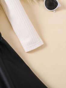 2 piezas Conjunto elegante para niña joven: Blusa de manga larga blanca con cuello alto y falda negra con decoración de lazo - Rojo - Ver 6