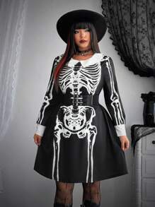 Whyspr 大码万圣节角色扮演哥特朋克黑暗星期三骷髅翻领复古可爱短裙，秋装，黑色