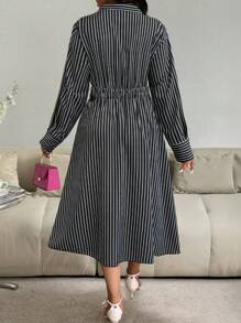 SHEIN Clasi Plus Size Women's Spring/Summer Striped Long Sleeve Single-Breasted Casual Shirt Dress