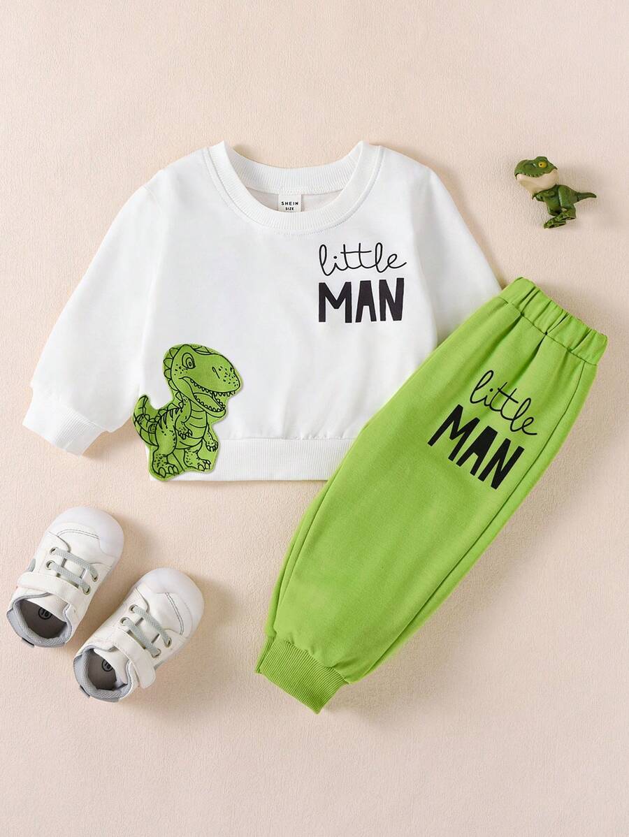 2 piezas Conjunto de sudadera de forro polar con estampado de dinosaurio "Pequeño hombre" para niño pequeño, conjuntos de ropa de invierno 20-24 nuevo y con estilo para niños pequeños - Verde - Ver 1