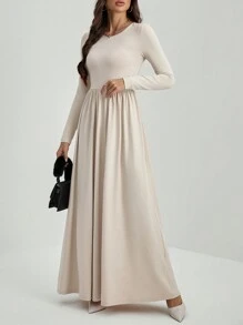 SHEIN Tall Women's Elegant Solid Color Round Neck Long Sleeve Ruched Long Dress - Apricot - View 2