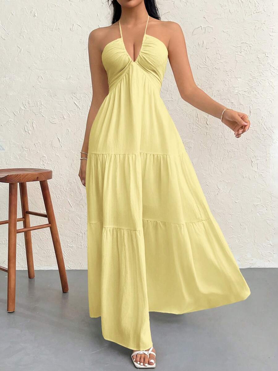 Firerie Váy hở lưng bằng vải chiffon có dây buộc cho nữ, dự tiệc/đám cưới