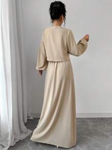 Firerie Women's Simple And Fashionable Vacation Romantic Elegant Front Tie Lantern Sleeve Loose Shirt And High-Waisted Drawstring Skirt Set Hawaii Back To School, Ladies Spring/Fall Casual Knot, Pocket Long Sleeve Loose Khaki Bishop Sleeve Skirt Women Two-Piece Outfits, Casual Daily Wear - Khaki - View 2