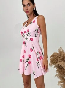 SHEIN Privé 女士夏季休闲优雅度假浪漫婚礼花卉印花不对称 A 字迷你连衣裙 - 粉色 - 查看 5