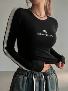 DAZY Women's Tight-Fitting Colorblock Letter Print Cropped Crew Neck T-Shirt,Fall Clothes Preppy Tops Long Sleeve Women Tops - Black - View 2