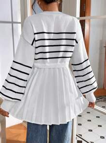 SHEIN Essnce 女士条纹针织毛衣秋冬时尚长袖圆领套头衫宽松运动装，女士秋季针织衫，女士毛衣，白色毛衣，秋季毛衣 - 白色 - 查看 2