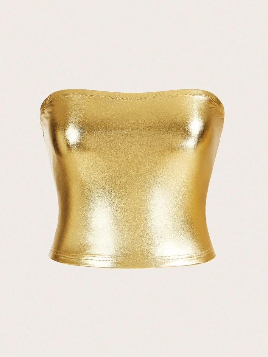 SHEIN Essnce Damen Party Top in Große Größen, Goldenes Top, Sexy Damen Tops, Goldenes Top Damen Korsett Tops, Kurven Tops für Konzerte - Gold - Übersicht 1