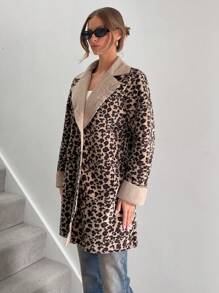 SHEIN Essnce Trajes Femininos Traje Leopardo Gola Redonda Manga Longa Colorblock Estampa Leopardo Elegante Casual Casacos Natal Leopardo Veludo Manga Comprida Outono E Inverno Casual Comprimento Médio Casaco Roupas Femininas de Inverno - Multicolorido - Ver 3