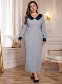 Modelyn Plus Size Elegant Color Block Waisted Dress For Spring & Autumn, Elegant Vintage Fitted Dresses, For Evening Party/Wedding Guest/Anniversary Maxi Women Outfit Long Evening Dresses