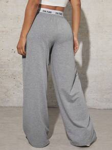 SHEIN Tween Girls'' Casual Letter Print Knit Waistband Wide Leg Pants