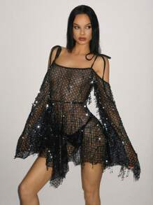 SHEIN ICON 闪亮网眼露肩系带长袖不对称下摆连衣裙 - 黑色 - 查看 4