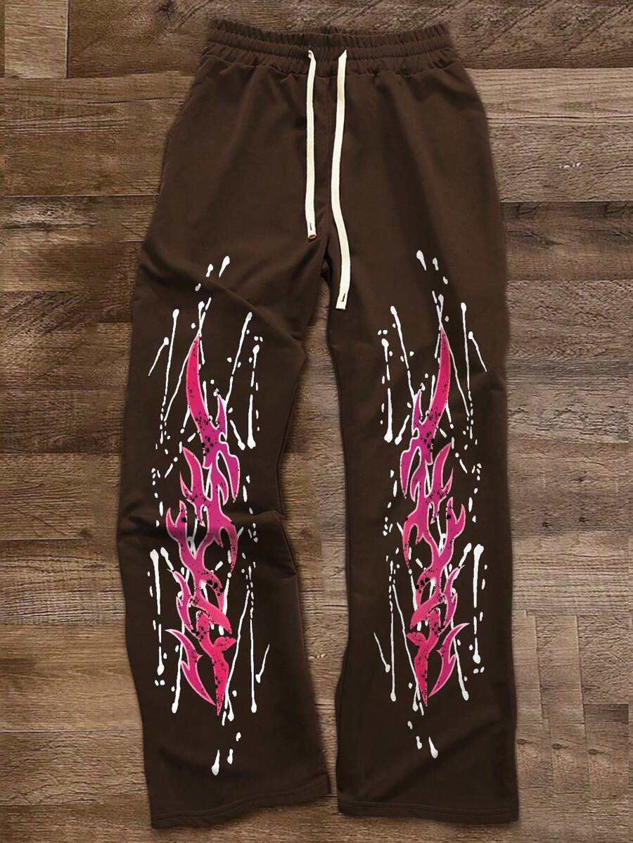 Manfinity Roghcode Celana Jogging Pria Kasual Motif Api dengan Tali Serut di Pinggang, Model Lurus Longgar - Coklat - View 1