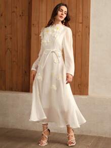 Anewsta Elegant 3D Daisy Decor Organza Long Sleeve Midi Dress With Vacation Vibe - White - View 6