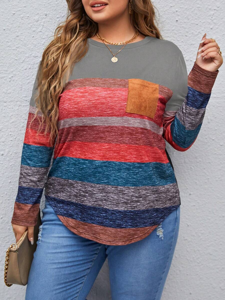 SHEIN LUNE Plus Size Casual Color Block Patchwork T-Shirt Thanksgiving - Light Grey - View 1