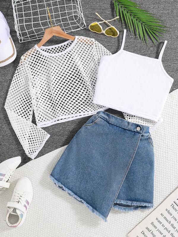 Tween Girls' Solid Tank Top + Button Front Pocket Skirt And Long Sleeve Hollow See-Through Blouse 3pcs Outfit