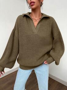 EURMUSE Suéter Con Hombros Caídos De Color Liso Para Mujer - Camel - Ver 4