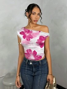 SHEIN BAE Women's Floral Print Asymmetric Ruched Crop Top, Summer - Red and White - View 4