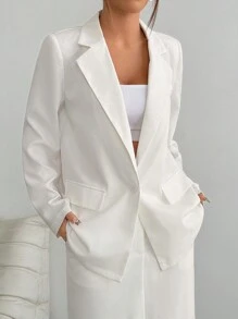 Flirla 1 conjunto: Chaqueta blazer de manga larga con cuello con muesca y botones delanteros de unicolor y falda mini