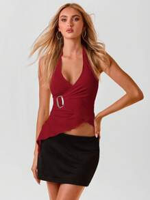 Aloruh Top de cuello halter de punto con botones de metal para mujeres