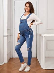 SHEIN Maternity Distressed Slim Fit Denim Bib Overalls - Medium Wash - View 2