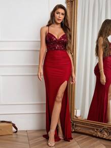 Glamine 吊带露背高腰亮片拼接高开叉长裙连衣裙毕业夏季连衣裙酒红色长款女装 - 酒紅色 - 查看 3