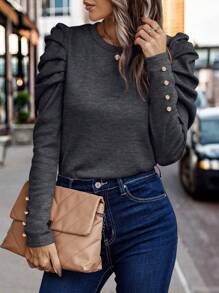 SHEIN Clasi Women's Solid Color Crew Neck Long Sleeve Ruched Minimalist T-Shirt, Casual Daily Wear - Dark Grey - View 3